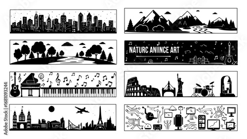 Collage of black and white banner illustrations featuring cityscapes, landscapes, music, and technology