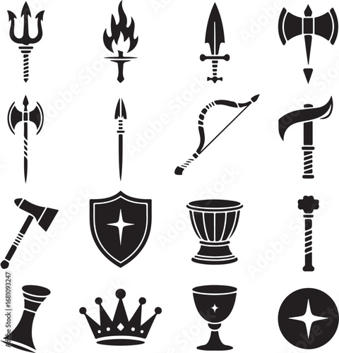 Medieval Weapons Armor Shields Musical Instruments Royal Symbols Icons vector illustration