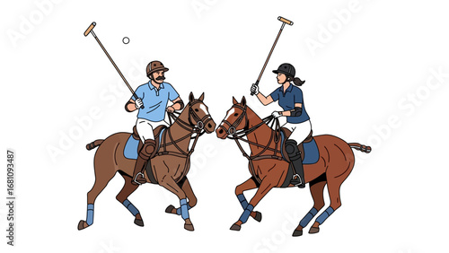 Polo Match Duel: Dynamic illustration captures the intensity and strategy of a polo match, two horsemen locked in a skillful competition to seize the ball with the mallets.