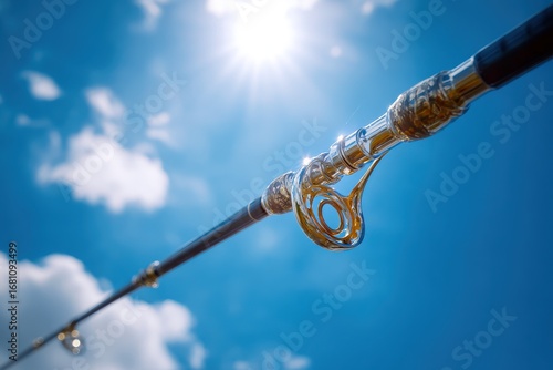 Fishing rod components against a blue sky