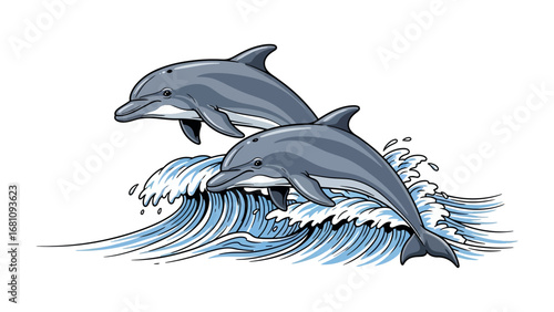 Playful Dolphins: A pair of dolphins leap and frolic above a cresting wave. Their streamlined forms and playful interaction invite a sense of wonder and delight.