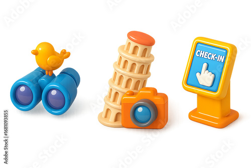 3D travel and cultural icons set with binoculars and leaning tower PNG