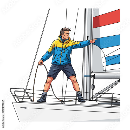 Sailing Adventure: A solo sailor navigates the open water, pointing toward the horizon, epitomizing the spirit of adventure and mastery of the sea.