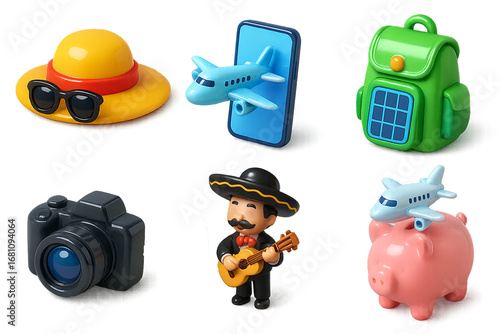 3D travel and tourism icons set with cowboy, piggy bank and camera PNG