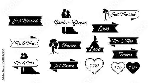 Set of black and white wedding graphic elements with text like just married and love