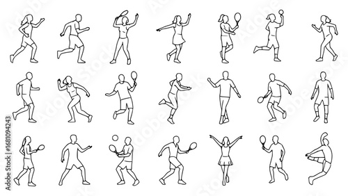 Diverse collection of line art figures engaged in various sports and activities