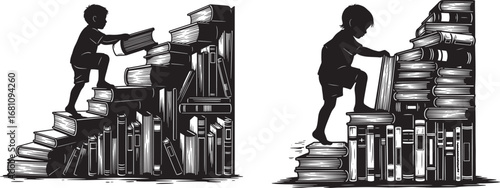 Vector art of child climbing stairs made of books, symbolizing education and knowledge acquisition