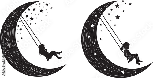 Vector art of silhouette of a child swinging on a crescent moon amidst stars, symbolizing dreams and imagination