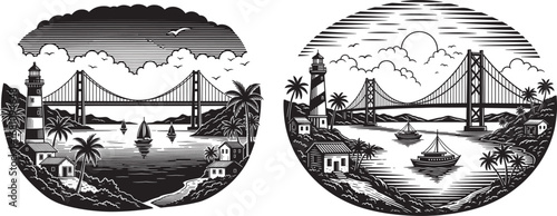Vector art of circular illustration of golden gate bridge with lighthouse, palm trees, and sailboats, evoking travel and iconic landmarks