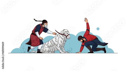 Dog Wrestling Display: An illustration captures a spirited dog wrestling demonstration, two figures engaged in a dynamic display of strength and control with a large, powerful dog.