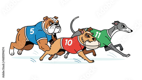 Rivalry Race: An energetic cartoon of three athletic canines dashing towards the finish line, each wearing a vibrant jersey and determined to capture the rugby ball in a spirited competition.