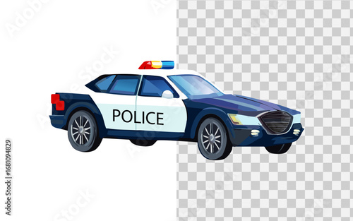 Vibrant illustration of a modern police patrol vehicle, featuring a classic blue and white design with emergency lights for law enforcement services