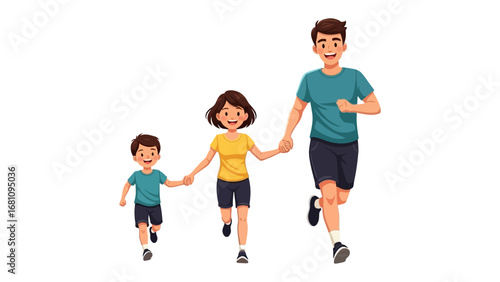 Joyful Family on the Run: A happy family of three, a mother, a father, and a child, joyfully run, holding hands. Capturing the spirit of health and unity. 