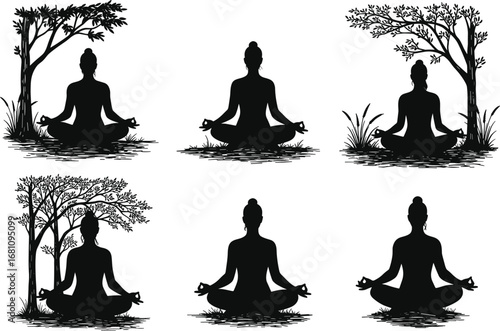 Silhouettes of individuals meditating outdoors under trees, embodying calmness, mindfulness, peace, and connection with nature in black and white.