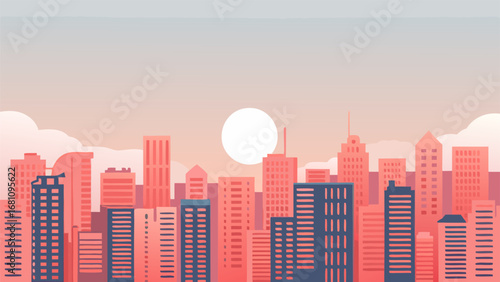 city skyline at dusk with tall buildings and soft colors