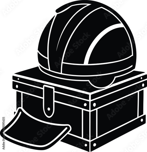 Silhouette of a protective helmet resting on a sturdy toolbox