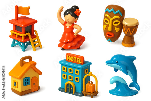 3D cultural tourism icons set with totem mask, dolphin and hotel PNG