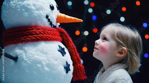 Little child smiling at snowman with red scarf under glowing Christmas lights, magical winter holiday video capturing festive wonder and joyful seasonal atmosphere