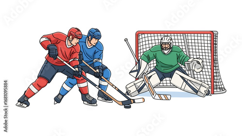 Hockey Action: A dynamic illustration captures a hockey game's essence, depicting players in action. A goalie and two skaters are engrossed in a moment of fierce competition.
