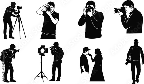 Photographers shooting with cameras, using tripods, studio lighting, outdoor photography, candid shots, photo sessions, photography equipment, photo walk
