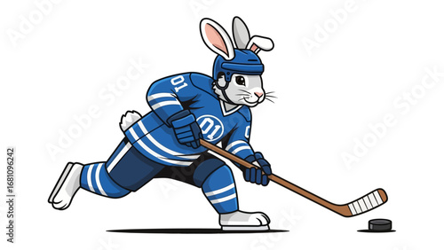 Hockey Bunny Action: A dynamic, animated depiction of an adorable bunny character in full hockey gear, skillfully maneuvering the puck with determination and playful energy.
