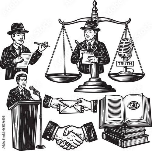 Vector art of compilation of legal and business icons featuring men in suits, scales of justice, and documents