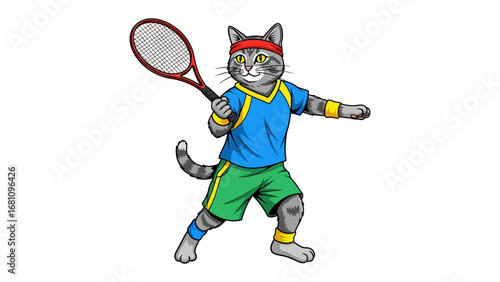 Cat Champion: A feline athlete, fully clad in sportswear, displays impeccable skill, brandishing a tennis racket with focused determination, ready to win the match. 