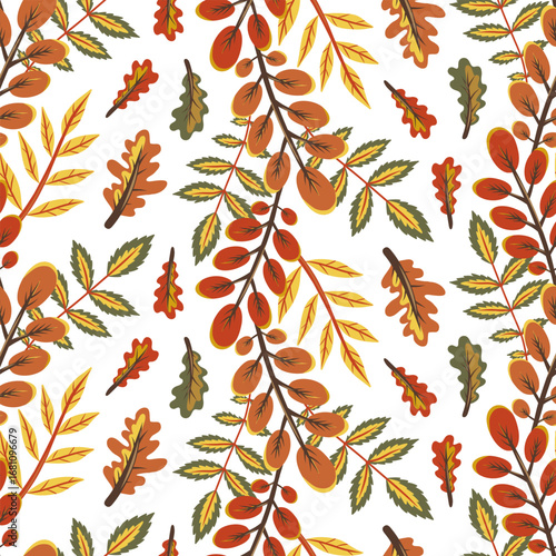 Autumn seamless pattern on white isolated background with foliage garlands and yellow, red and green oak fall leaves in between