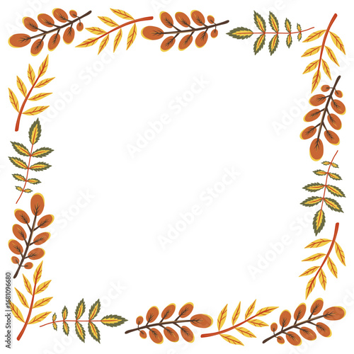 Autumn frame with fall leaves and branches. Isolated vector illustration on transparent background for greeting cards, invitation, Thanksgiving celebration