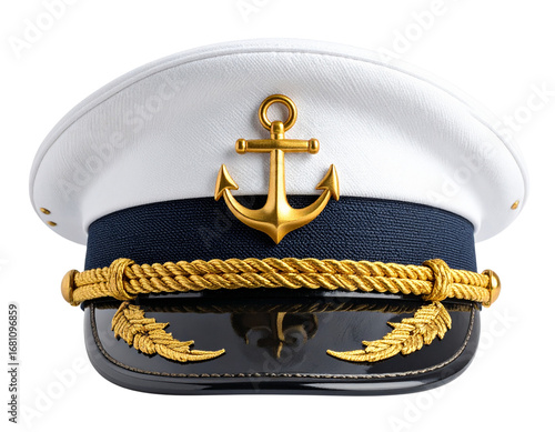  White captain’s hat with golden anchor emblem isolated on transparent background