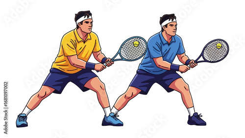 Tennis Match in Action: Capturing a dynamic illustration of two tennis players ready to serve. The intense focus and athletic prowess of each player are highlighted.