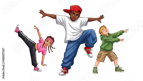 Dance Moves: A vibrant illustration showcases three young, energetic dancers in dynamic poses, radiating passion for hip-hop, urban culture, and self-expression.
