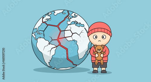 A sad cartoon child holding a teddy bear stands next to a cracked and broken planet Earth.