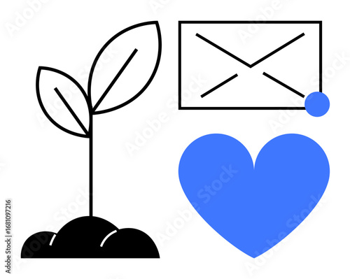 Leafy sprout growing from soil beside a mail envelope with a notification dot and a blue heart. Ideal for sustainability, eco-friendly actions, messaging, love, digital growth, environment, simple