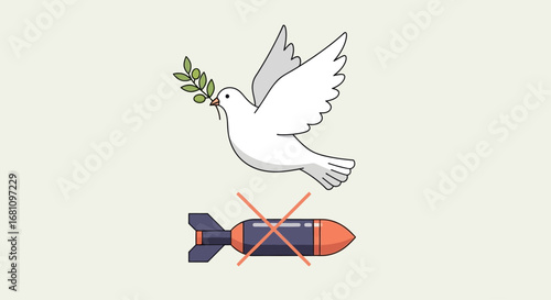 A white dove carrying an olive branch flies above a crossed-out bomb, symbolizing peace over conflict.