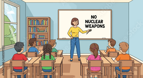 A teacher educates young students in a classroom about the importance of peace, displaying "NO NUCLEAR WEAPONS" on the whiteboard.
