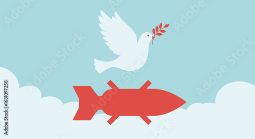 A white dove carrying an olive branch flies above a red bomb, symbolizing peace amidst conflict.