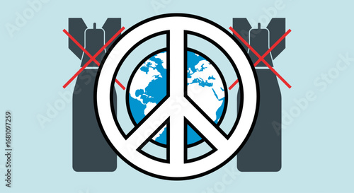 A prominent peace symbol superimposed over the Earth, flanked by two crossed-out bombs, advocating for global harmony and the rejection of war.