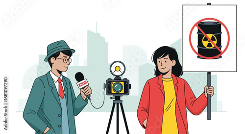A journalist interviews a female activist holding an anti-nuclear protest sign, with a camera recording the scene against a city skyline.