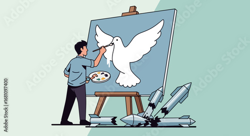 An artist paints a white dove, a symbol of peace, on a large canvas, with broken war missiles lying on the ground.