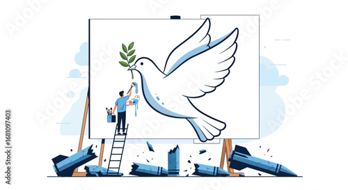 An artist on a ladder paints a large white dove of peace with an olive branch on a canvas, surrounded by broken missiles.