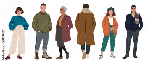 Set of diverse people in casual autumn clothes, coats, and knitted wear, shown full length from front, side, and rear views, isolated on transparent background for design projects