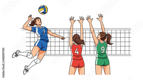 Volleyball Game: A dynamic illustration capturing a decisive moment in a volleyball match, showcasing an athletic female player spiking the ball.