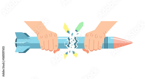Two hands breaking a blue and pink missile in half, symbolizing peace and disarmament.