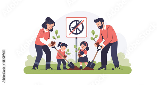 A family of four plants trees together, promoting peace and environmental awareness in a clean, vector-style illustration.