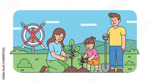 A happy family, including a mother, father, and child, planting young trees in a green outdoor environment.