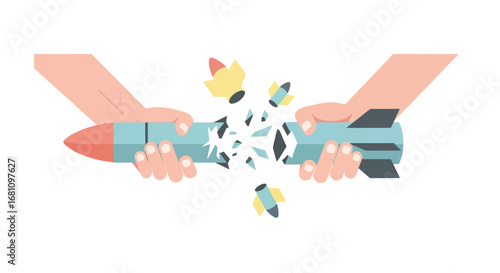 Two hands break a missile in half, symbolizing peace, disarmament, or the end of conflict, with fragments and smaller missiles flying out.