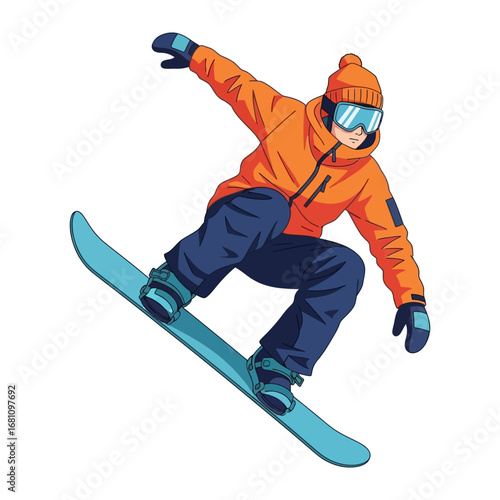 Snowboarder in Action: A dynamic illustration captures a snowboarder in mid-air, showcasing the thrill and energy of winter sports with bold lines and vibrant colors. 