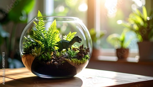 A miniature terrarium, featuring a toy dinosaur amongst verdant plants, illuminated by sunlight.