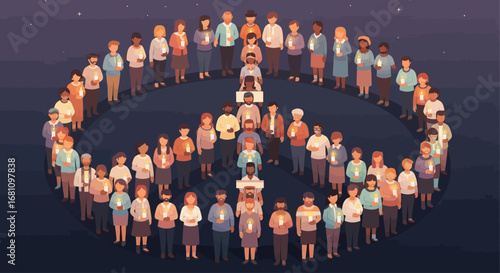 A diverse group of people holding candles stand together to form a large peace sign at night.